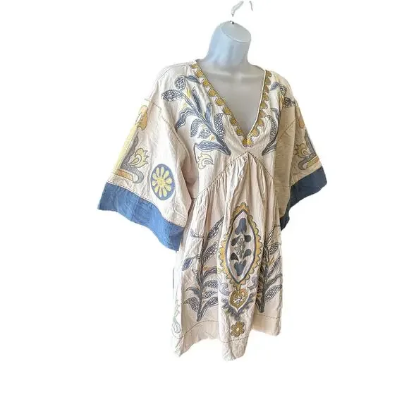 NEW Blue Velvet Embroidered Boho Babydoll Dress Women Size S/M Floral Beach - Picture 4 of 9